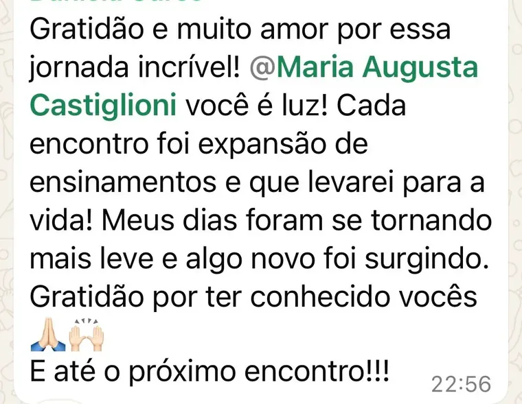 Mensagem de participante ao final de uma Jornada Relembrar