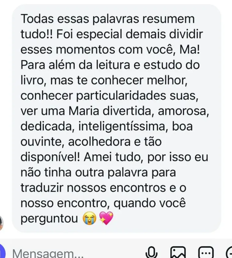 Mensagem de participante ao final de uma Jornada Relembrar