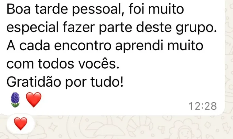 Mensagem de participante ao final de uma Jornada Relembrar
